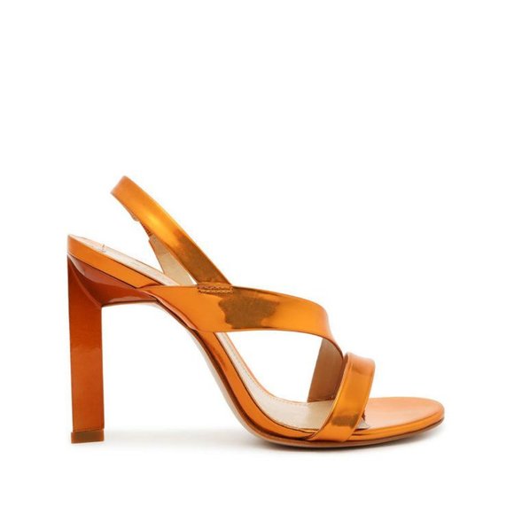NEW - SCHUTZ Block Heel - Metallic Kelly Leather Sandal - Picture 1 of 6